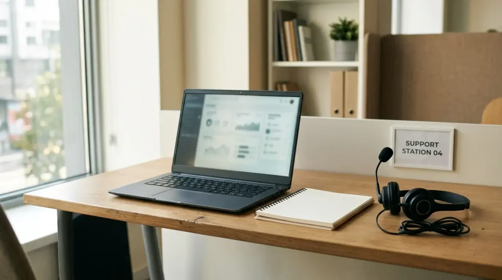 An unbranded laptop beside a notebook and headset at a quiet support desk