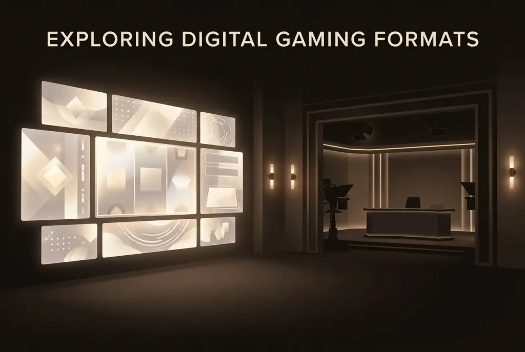 Abstract slot-game panels beside the silhouette of an unbranded live-dealer studio