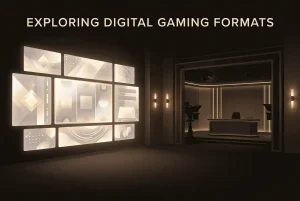 Abstract slot-game panels beside the silhouette of an unbranded live-dealer studio