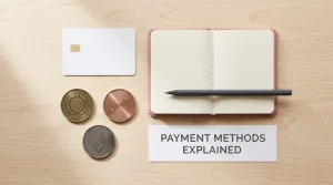 An unbranded payment card beside abstract cryptocurrency tokens on a pale desk