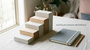 Five ascending abstract steps arranged across a quiet desk