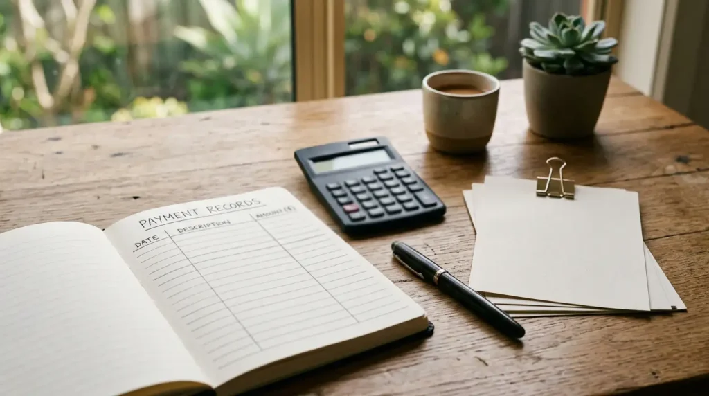 Notebook, blank statements and a calculator arranged on a desk