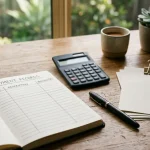 Notebook, blank statements and a calculator arranged on a desk
